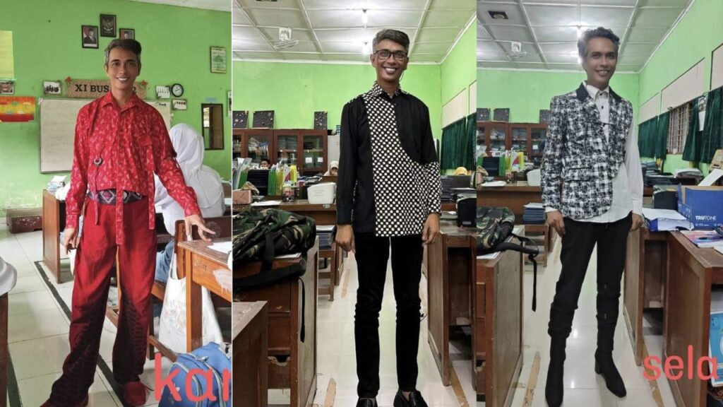 Guru SMK Bantul mengenakan busana daur ulang rancangan siswa di Jogja.