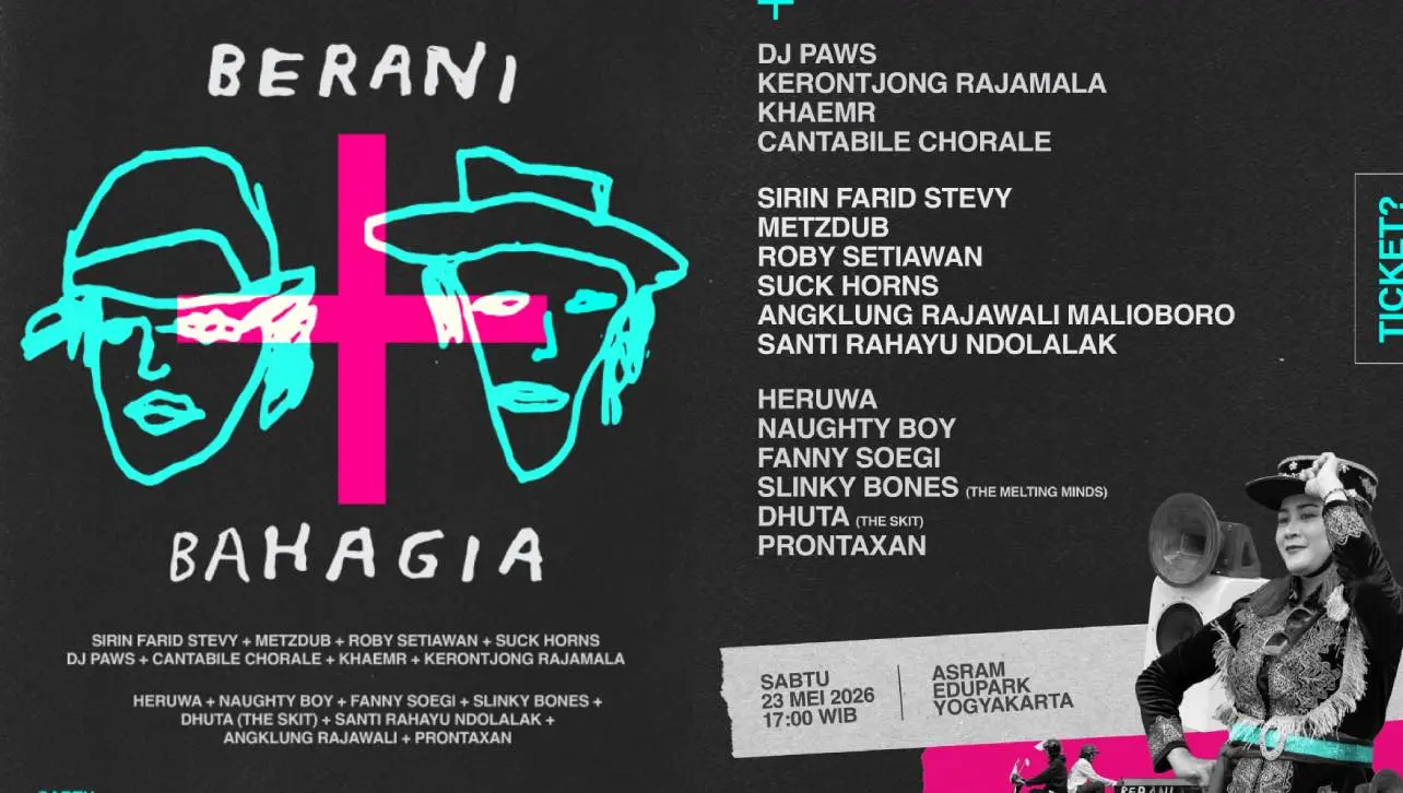 Poster resmi Konser Berani Bahagia Jogja di Asram Edupark Sleman menampilkan deretan penampil utama